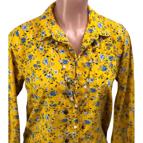 Old Navy Casual Women Flowers Shirt Size M Yellow Blue Long Sleeve Butt… - Picture 2 of 11